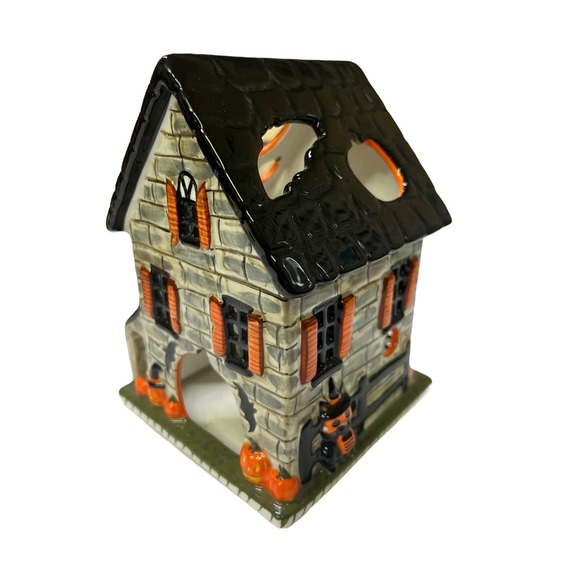 White Barn Halloween Haunted House Ceramic Tealight Candle Holder Spooky Decor - Picture 6 of 8
